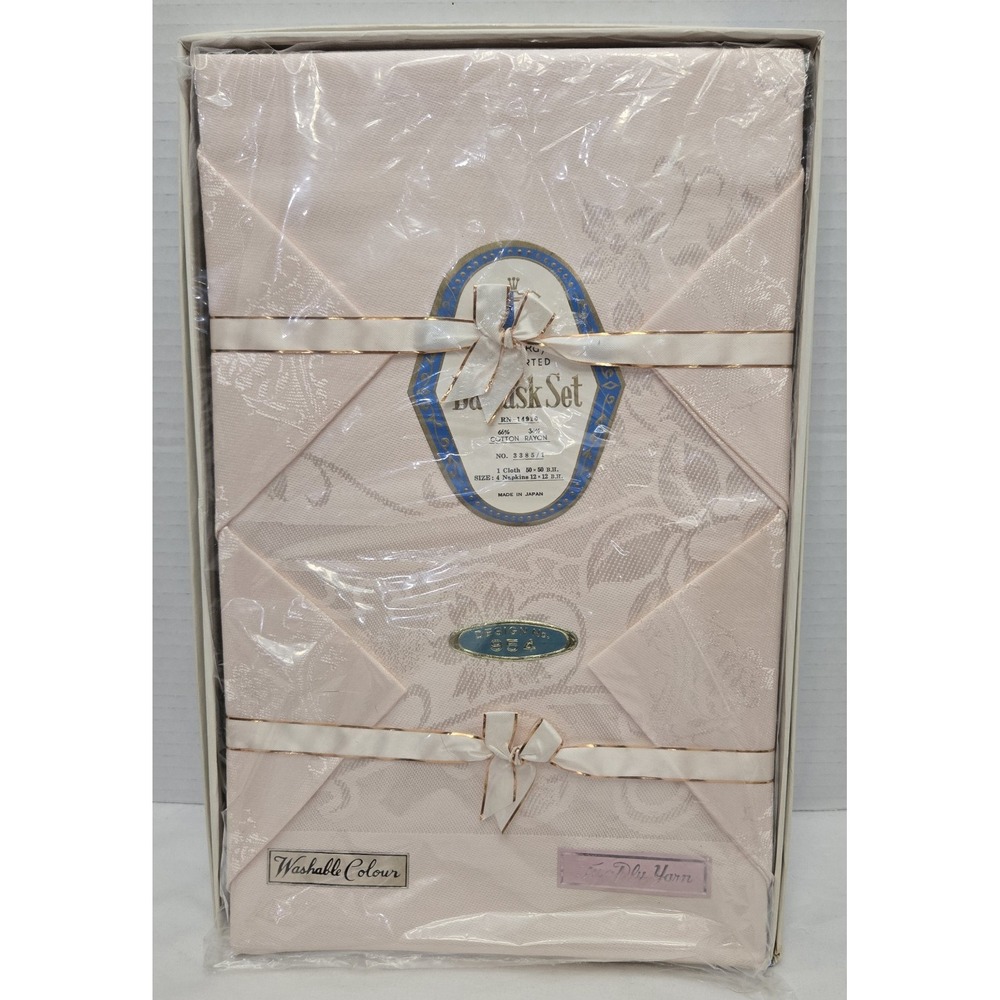 Damask Vintage Pink Square Tablecloth 50"x50" and 4 Napkins 12" Japan